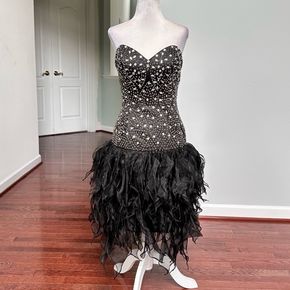Custom Vintage Black Silver Beaded Strapless Layered Sexy Cocktail Dress